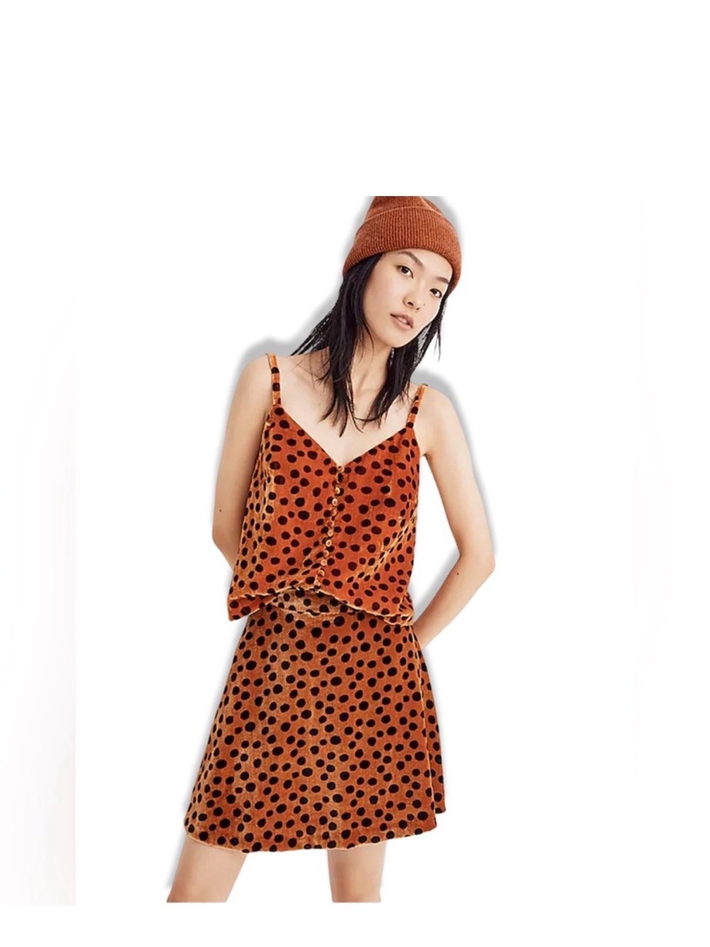 Madewell Rust Polka Dot Velvet Skirt Set with Black Spots Top Size 2 Skirt Size4